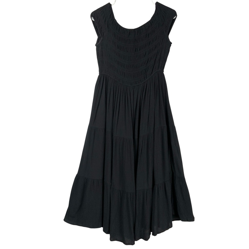 Oak + Fort Black Midi Dress S Pullover Scoop Neck Sleeveless Smocked Tiered